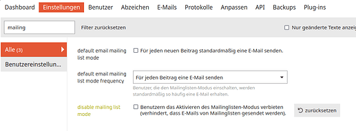 Auszug aus den Admin-Einstellungen
