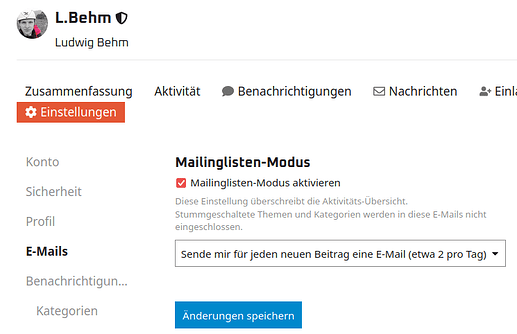 Einstellungsmenü das nur den letzten Abschnitt der "E-Mails"-Kategorie zeigt